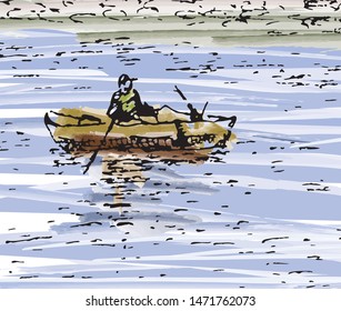 A hand-drawn sketch of a fisherman on the water in calm weather. Design for card, poster or wallpaper. Inc. Sketch markers. Isolated. There is an option in the vector.