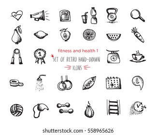 Hand-drawn sketch fitness and health icon set. Vector illustrations Black on white background