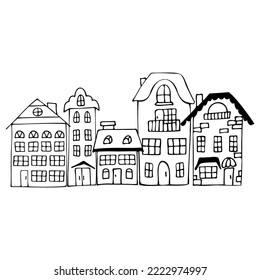 Hand-drawn sketch with five houses on a white background. Children's coloring. street with building