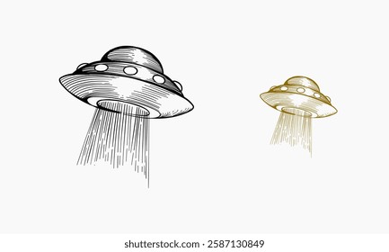 hand-drawn sketch of a flying saucer emitting a beam of light, classic UFO imagery.