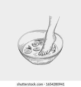 Hand-drawn sketch of foot soaking in a small bowl with lemons on white background.