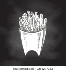 Hand-drawn sketch of  french fries in a box  isolated on chalkboard background. Fast food illustration. Vintage drawing. Element for the design of labels, packaging and postcards.