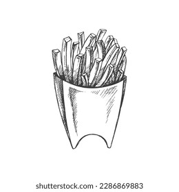 Hand-drawn sketch of  french fries in a box  isolated on white background. Fast food illustration. Vintage drawing. Element for the design of labels, packaging and postcards.