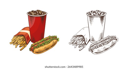 Hand-drawn sketch of french fries in a box, hot dog and  paper cup of cola with ice,  isolated. Monochrome junk food vintage illustration. Great for menu, poster or restaurant background.