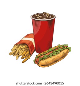 Hand-drawn sketch of french fries in a box, hot dog and  paper cup of cola with ice,  isolated. Monochrome junk food vintage illustration. Great for menu, poster or restaurant background.