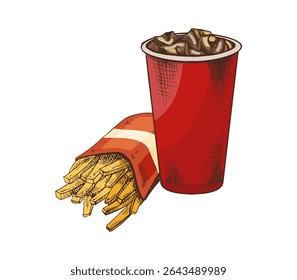 Hand-drawn sketch of french fries in a carton  box and  paper cup of cola with ice,  isolated. Monochrome junk food vintage illustration. Great for menu, poster or restaurant background.