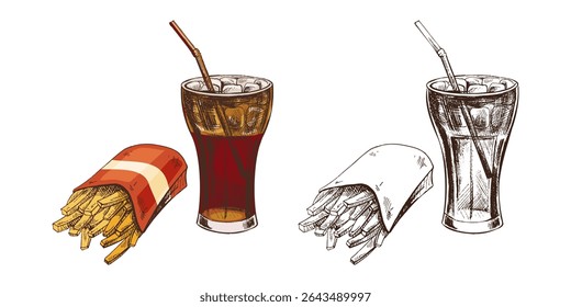 Hand-drawn sketch of french fries in a carton  box and  cola glass  with ice,  isolated. Monochrome junk food vintage illustration. Great for menu, poster or restaurant background.