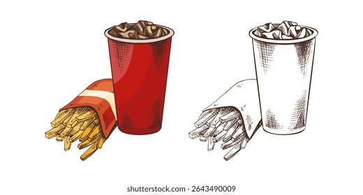 Hand-drawn sketch of french fries in a carton  box and  paper cup of cola with ice,  isolated. Monochrome junk food vintage illustration. Great for menu, poster or restaurant background.
