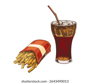Hand-drawn sketch of french fries in a carton  box and  cola glass  with ice,  isolated. Monochrome junk food vintage illustration. Great for menu, poster or restaurant background.