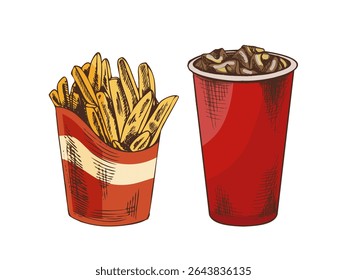 Hand-drawn sketch of french fries carton box, paper cup of cola with ice, isolated. Monochrome junk food vintage illustration. Great for menu, poster or restaurant background.