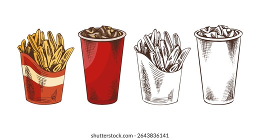 Hand-drawn sketch of french fries carton box, paper cup of cola with ice, isolated. Monochrome junk food vintage illustration. Great for menu, poster or restaurant background.