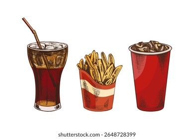 Esboço desenhado à mão de caixa de papelão de batatas fritas, copo de papel de cola com gelo, isolado. Ilustração monocromática da safra de junk food. Ótimo para cartaz, cartaz ou fundo de restaurante.