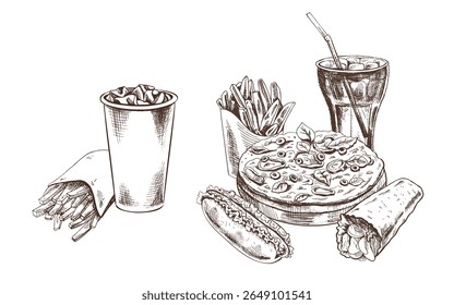 Esboço desenhado à mão de batatas fritas em uma caixa de papelão e xícara de papel de cola com gelo, isolado. Ilustração monocromática da safra de junk food. Ótimo para cartaz, cartaz ou fundo de restaurante.