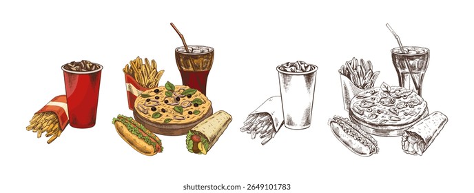 Esboço desenhado à mão de batatas fritas em uma caixa de papelão e xícara de papel de cola com gelo, isolado. Ilustração monocromática da safra de junk food. Ótimo para cartaz, cartaz ou fundo de restaurante.