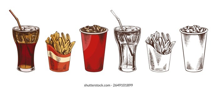 Esboço desenhado à mão de caixa de papelão de batatas fritas, copo de papel de cola com gelo, isolado. Ilustração monocromática da safra de junk food. Ótimo para cartaz, cartaz ou fundo de restaurante.