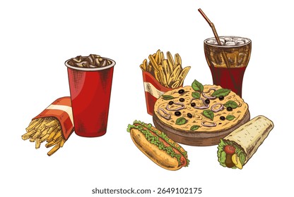 Hand-drawn sketch of french fries in a carton  box and  paper cup of cola with ice,  isolated. Monochrome junk food vintage illustration. Great for menu, poster or restaurant background.