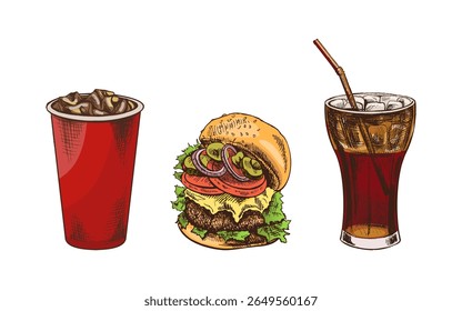 Hand-drawn sketch of french fries in a carton  box and  paper cup of cola with ice,  isolated. Monochrome junk food vintage illustration. Great for menu, poster or restaurant background.