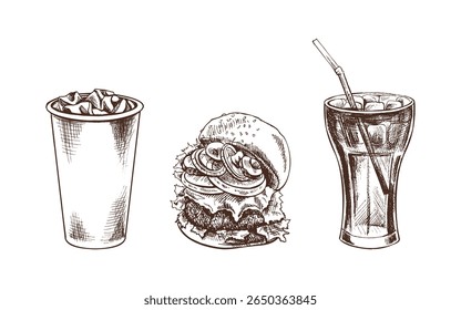 Hand-drawn sketch of french fries in a carton  box and  paper cup of cola with ice,  isolated. Monochrome junk food vintage illustration. Great for menu, poster or restaurant background.