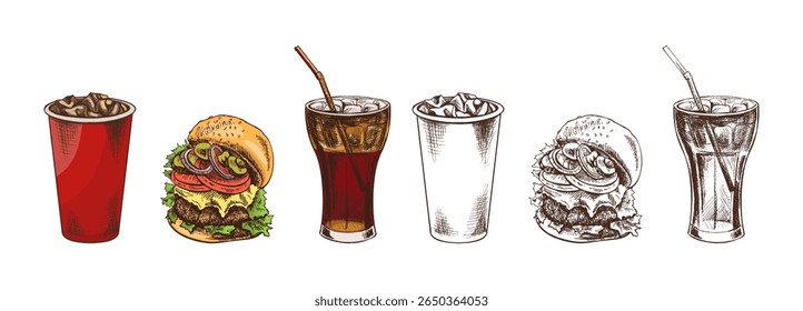 Hand-drawn sketch of french fries in a carton  box and  paper cup of cola with ice,  isolated. Monochrome junk food vintage illustration. Great for menu, poster or restaurant background.