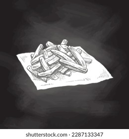 Hand-drawn sketch of  french fries  isolated on chalkboard background. Fast food illustration. Vintage drawing. Element for the design of labels, packaging and postcards.