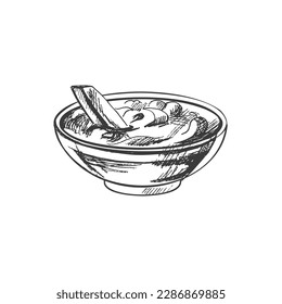 Hand-drawn sketch of french fries potato with tomato sauce isolated on white background. Fast food illustration. Vintage drawing. Element for the design of labels, packaging and postcards.