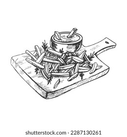 Hand-drawn sketch of french fries potato with tomato sauce on cutting board isolated on white background. Fast food illustration. Vintage drawing. Element for the design of labels, packaging