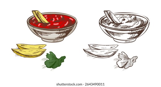 Hand-drawn sketch of french fries potato with tomato sauce isolated on white background. Fast food illustration. Vintage drawing. Element for the design of labels, packaging and postcards.
