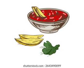 Hand-drawn sketch of french fries potato with tomato sauce isolated on white background. Fast food illustration. Vintage drawing. Element for the design of labels, packaging and postcards.