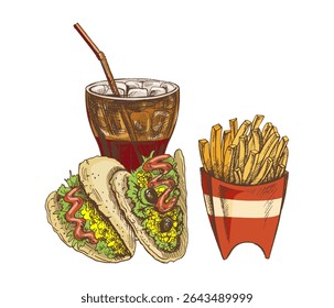 Hand-drawn sketch of french fries, tacos and cola glass,  isolated. Monochrome junk food vintage illustration. Great for menu, poster or restaurant background.