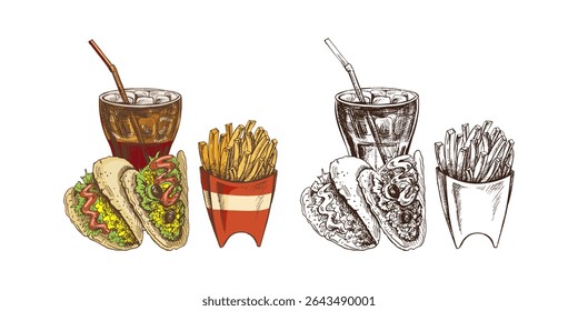 Hand-drawn sketch of french fries, tacos and cola glass,  isolated. Monochrome junk food vintage illustration. Great for menu, poster or restaurant background.
