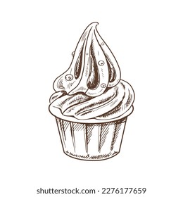 A hand-drawn sketch of frozen yogurt or soft ice cream in a cup. Vintage illustration. Element for the design of labels, packaging and postcards.