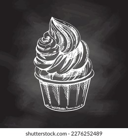 Hand-drawn sketch of  frozen yogurt or soft ice cream, cupcake in a cup isolated on chalkboard background, white drawing. Vector vintage engraved illustration.	