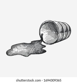 Hand-drawn sketch of a fuel barrel. Oil coming out of the fallen barrel. Puddle of oil from the barrel. Spilt oil