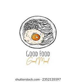 Hand-drawn sketch of a full plate of food: sunny-side-up egg, bacon, and beans.