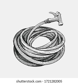 Hand-drawn sketch of Garden Hose on a white background. Gardening tools and equipment. 