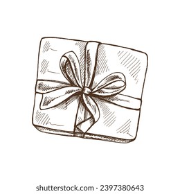 Hand-drawn sketch of gift packaging decorated with ribbon isolated on white, close up of decoration. Vector vintage drawing. Traditional cozy holidays. Object for christmas, birthday card, packaging.