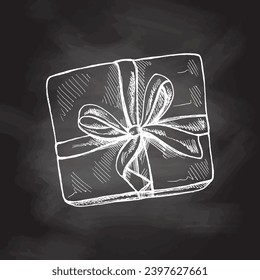 Hand-drawn sketch of gift packaging decorated with ribbon isolated on chalkboard, close up of decoration. Vector vintage drawing. Object for christmas, birthday card, packaging.