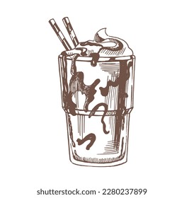 A hand-drawn sketch of glass of chocolate milkshake. Vintage, doodle illustration. Element for the design of labels, packaging and postcards.
