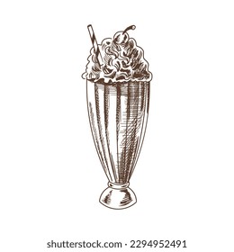 A hand-drawn sketch of glass of chocolate milkshake. Vintage, doodle illustration. Element for the design of labels, packaging and postcards.