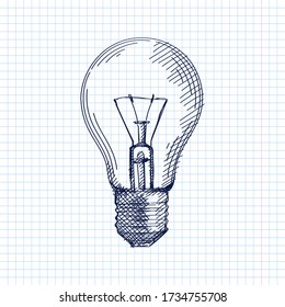 Hand-drawn sketch of a globe light bulb. Incandescent light bulb, incandescent lamp or incandescent light globe.	
