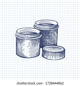 Hand-drawn sketch of Gouache Bottles on a white background. Gouache Bottles for drawing. Drawing set. Tools for an artist	