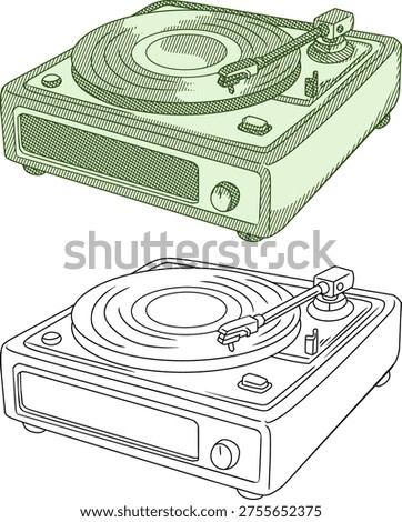 Hand-drawn sketch of a gramophone turntable with a vinyl record.Vintage Etching Style,Ideal for posters, jazz club branding, or music shop decor.