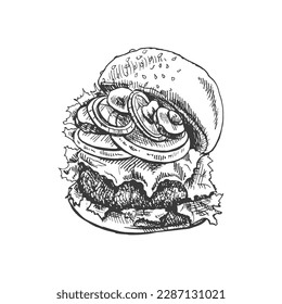 Hand-drawn sketch of great delicious sandwich, burger, hamburger isolated on white background. Fast food vintage illustration. Element for the design of labels, packaging and postcards
