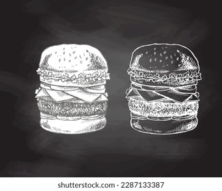 Hand-drawn sketch of great delicious sandwich, burger, hamburger isolated on chalkboard  background. Fast food vintage illustration. Element for the design of labels, packaging and postcards
