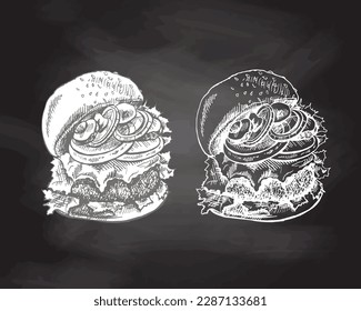 Hand-drawn sketch of great delicious sandwich, burger, hamburger isolated on chalkboard  background. Fast food vintage illustration. Element for the design of labels, packaging and postcards
