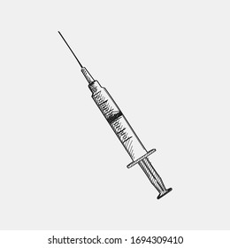 Hand-drawn sketch of half full combined needle and syringe. Medical tools. First aid. Medicine syringe. Syringe with injection