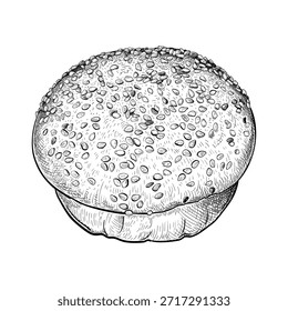 Un boceto dibujado a mano de un bollo de pan de hamburguesa. Ilustración vectorial en blanco y negro de un bollo de hamburguesas rociado con semillas de sésamo en la parte superior. La panadería recién hecha para el desayuno. Elemento de diseño de menú