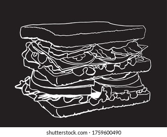 Hand-drawn sketch of hamburger isolated on black, graphical lined illustration 
