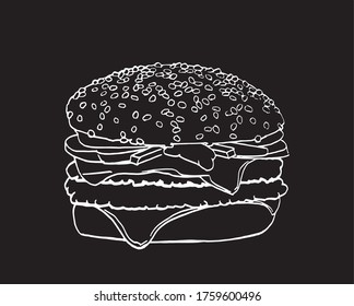 Hand-drawn sketch of hamburger isolated on black, graphical lined illustration 
