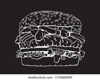 Hand-drawn sketch of hamburger isolated on black, graphical lined illustration 

